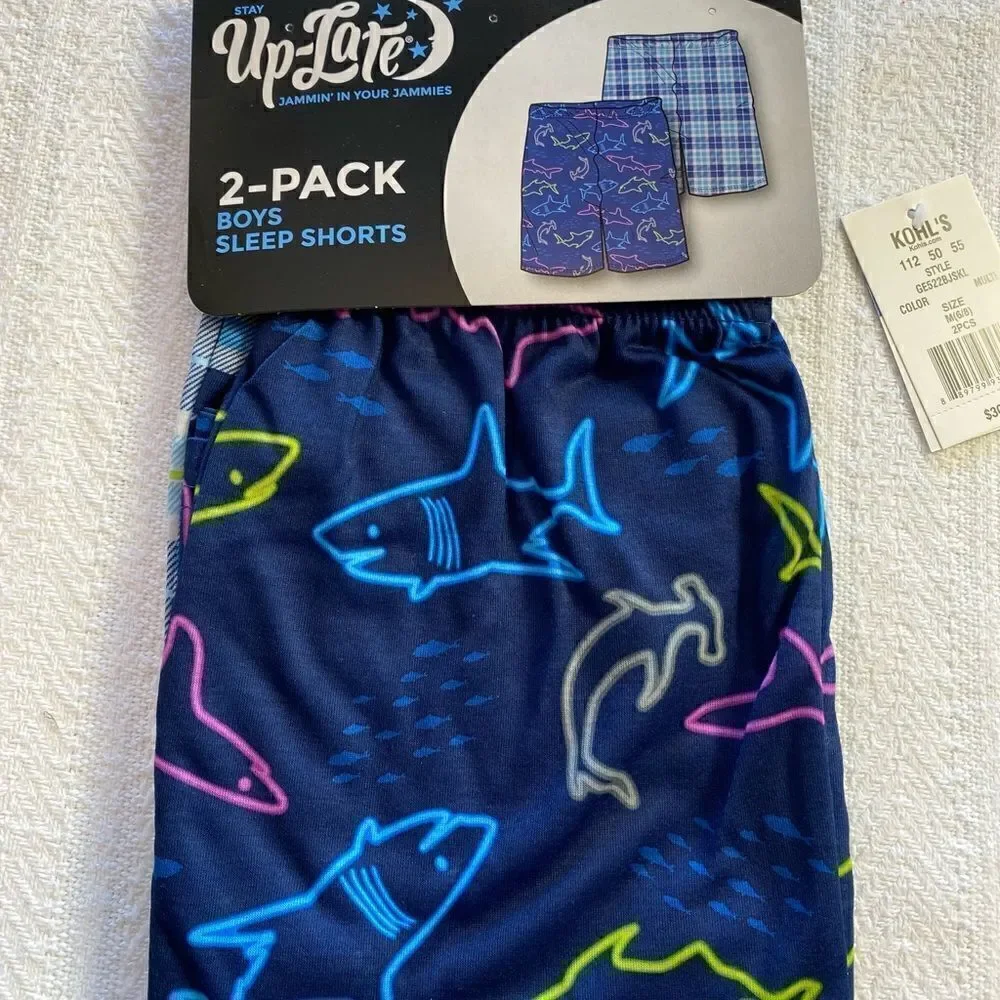 UP-LATE Boys Medium (6/8) 2-Pack All Day Sleep Shorts -Shark and Plaid  Prints